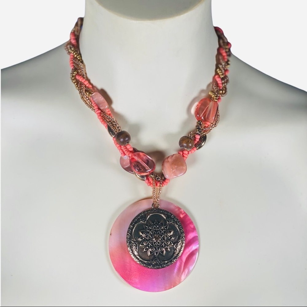 Orange and pink toned micro beaded braid necklace with seashell accent